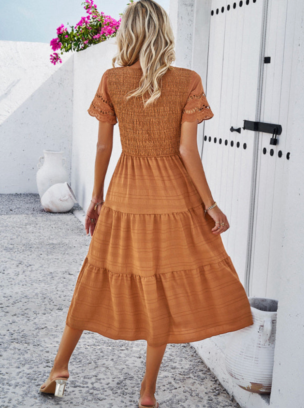 Casual embroidered short sleeve A line midi dress | Bella