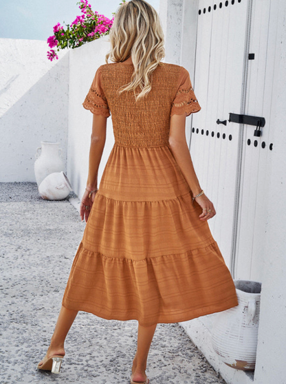 Casual embroidered short sleeve A line midi dress | Bella