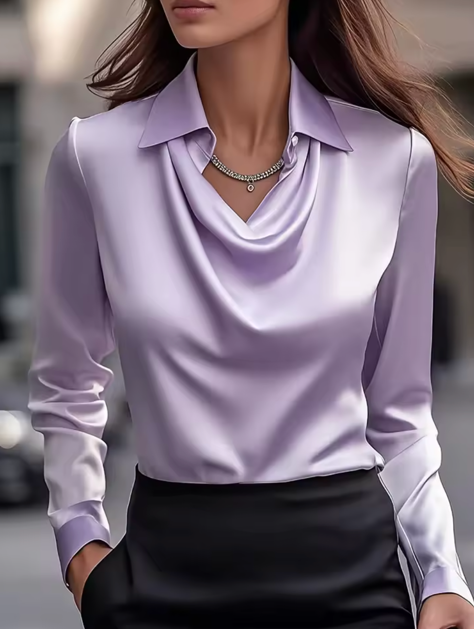 Elegant long sleeve blouse with draped front | Melani